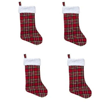 Image of Toyland® Pack Of 4 44cm Traditional Tartan Christmas Stockings With Fur Trim