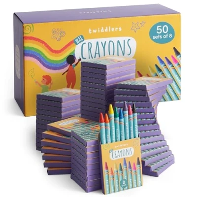 Image of THE TWIDDLERS 50 Boxes of Wax Crayons for Kids, 8 Per Box, 400 Total Mixed Coloured, Perfect Mini Crayon Packs Party Bag Fillers, School Classrooms, Arts &amp; Crafts, Restaurants
