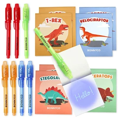 Image of BONNYCO Invisible Ink Pen and Notebook, Pack 8 Dinos Party Bags Filler &amp; Pinata Toys Birthday Decorations Stocking Fillers for Kids School Prizes Gifts Children