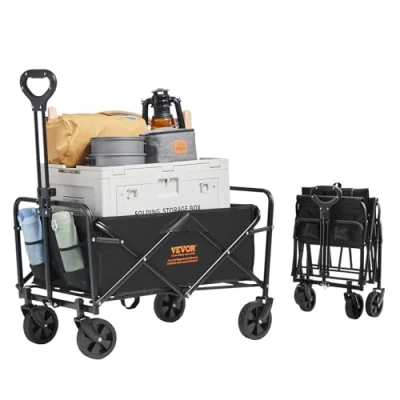 Image of VEVOR Collapsible Folding Wagon, 2 cu.ft Beach Wagon Cart with All Terrain 5in Wheels, Heavy Duty 220 lbs Weight Capacity Drink Holders, Sports for Camping, Shopping