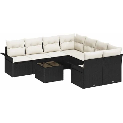 Image of vidaXL 9 Piece Garden Sofa Set with Cushions Black Poly Rattan