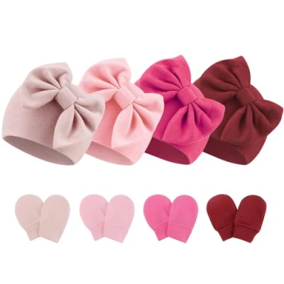 Image of DRESHOW Newborn Baby Hats Mittens Set Hospital Hat Beanie Infant Bow Cotton Gloves No Scratch for 0 6 Months