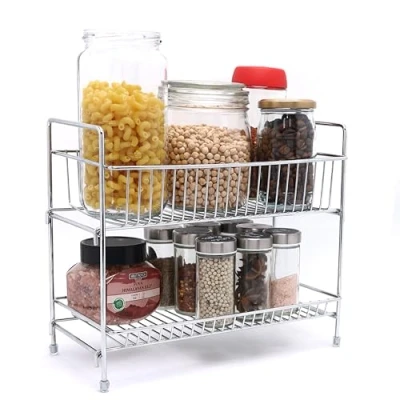 Image of Buckingham Free Standing Two Tier Multi Purpose Jar Spice Organiser Storage Rack, Chrome, Steel, 30 cm