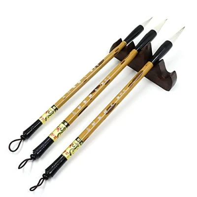 Image of Huakaile 3 Sizes Chinese Writing Brush with Wood Rack Pen Rest, Calligraphy Set, Sumi Painting Drawing Brushes, Kanji Art brushes for Professional Beginners (Large, Medium, Small Size)