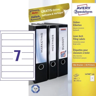 Image of Avery L4760 25 175x Spine Labels for Ring Binders 192 x 38 mm White Laser Printers