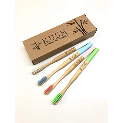 Image of KUSH Bamboo Toothbrushes Multi 4 Pack eco Friendly &amp; Natural Organic Wooden Toothbrush Biodegradable BPA Free Soft Bristles Toothbrushes, Perfect Gifts for Home and Travel