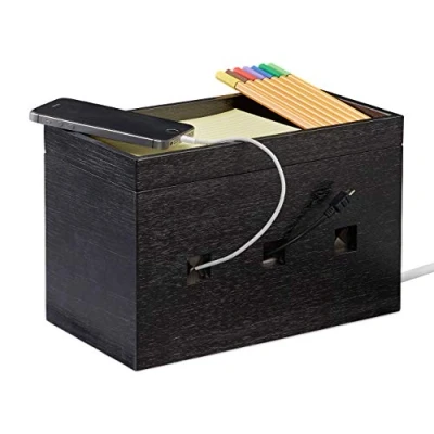 Image of Relaxdays Bamboo Cable Box, Hide Lead Extensions &amp; Cables, Desk Organiser, 16.5x25.5x14cm, Black