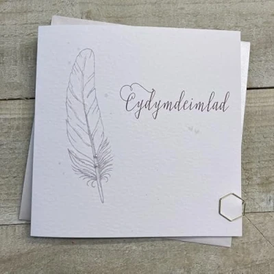 Image of WHITE COTTON CARDS CYDYMDEIMLAD WELSH SYMPATHY CARD FEATHER. HANDMADE (W B161)