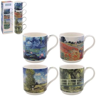 Image of Lesser &amp; Pavey Stacking Mugs Set of 4 Ceramic Coffee for Home or Work Premium Design All Occasions Lovely Tea, Hot Drinks Claude Monet