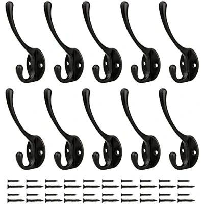 Image of YIHATA 10 Pcs Black Coat Hooks, Vintage Metal Heavy Duty Hooks with Screws, Robe Coats Towel Hat Keys Wall Mounted Hook for Kitchen Bedroom Entryway