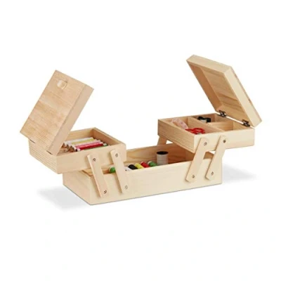 Image of Relaxdays Natural Wooden Sewing Basket, Foldable, No Contents, Handle, HWD: 12 x 26 15.5 cm