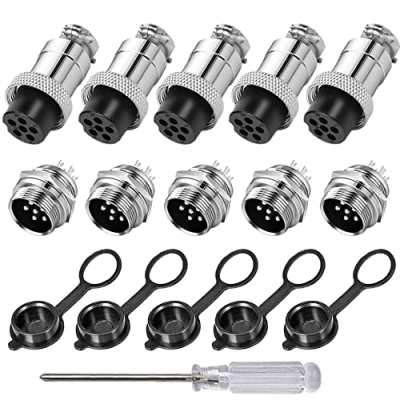 Image of Aiqeer 5 Pcs 6 Pin GX16 Aviation Connector, 16 mm Thread Panel Metal Cable 5A Male Female Connector Plug Socket Kit, with Rubber Cap and Phillips Screwdriver