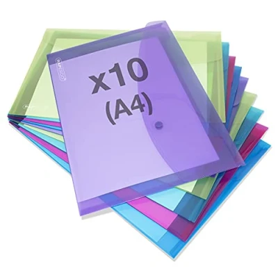 Image of Rapesco 1665 Popper Wallets, A4+, Assorted Transparent Colours, Pack of 10