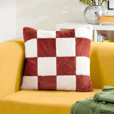 Image of Heya Home Cozee Check Faux Fur Feather Filled Cushion Rust Size 50 cm x