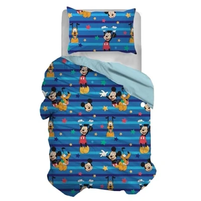 Image of Mickey Mouse Single Duvet Cover Set, Cotton, Blue, 155 x 200 cm, Pillowcase 50 80 Disney, 100% Official Product