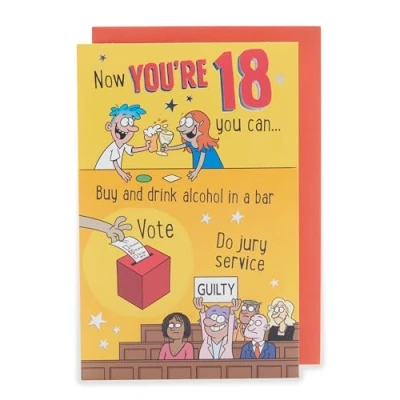 Image of UK Greetings 18th Birthday Card for Him/Her/Friend Witty Cartoon Design