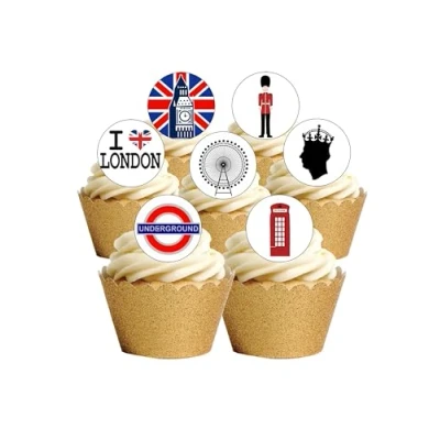 Image of 24 PRECUT London City Themed Edible Wafer Paper Cake Toppers Decorations