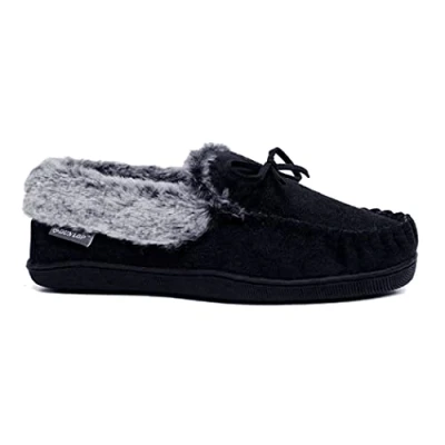Image of Dunlop Ladies Moccasin Slippers New Machine Washable Faux Sheepskin Fur Cosy with Memory Foam (Black Mocc, UK Footwear Size System, Adult, Women, Numeric, Medium, 4)