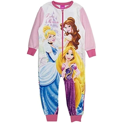 Image of Kids All in One Boys Girls Disney Princess Childrens Fleece Onesie Pyjamas Age 7/8