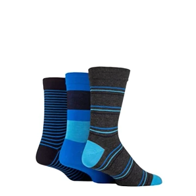 Image of SockShop Men&#039;s Comfort Cuff Socks Striped and Plain Soft Breathable &amp; Cooling Bamboo Material Multipack of 3 Pairs Blue Sky 7 11
