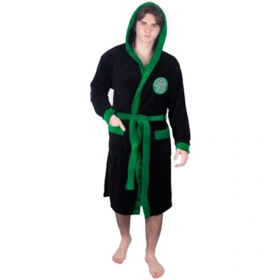 Image of Celtic FC Official Gift Mens Hooded Fleece Dressing Gown Robe Black Large