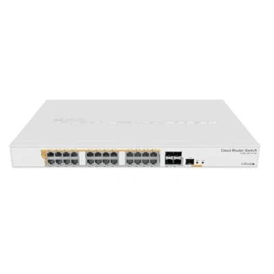 Image of MikroTik Cloud Router Switch 328 24P 4S+RM with 800 MHz CPU, 512MB RAM, 24xGigabit LAN (all PoE out), 4xSFP+ cages, RouterOS L5 or SwitchOS (dual boot), 1U rackmount case, 500W built in PSU