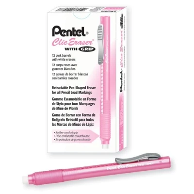 Image of Pentel ZE22P, Clic Eraser Grip, Retractable Eraser, Pink Barrel, Box of 12