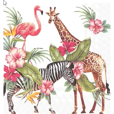 Image of 20 Napkins Safari in Africa Zebra Giraffe Flamingo Animals 33 x cm