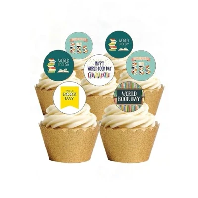 Image of 24 Precut Round World Book Day Reading Edible Wafer paper Cake Cupcake Toppers
