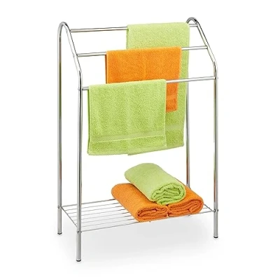 Image of Relaxdays Towel Rack, 3 Bars, with Shelf, Free Standing, Steel, HWD: 83.5 x 57.5 25.5 cm, Bathroom and Shower, Silver