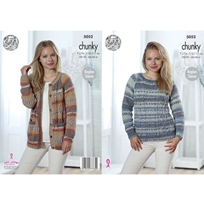 Image of King Cole Ladies Chunky Knitting Pattern Raglan Sleeve Cable Knit Cardigan &amp; Sweater (5052)