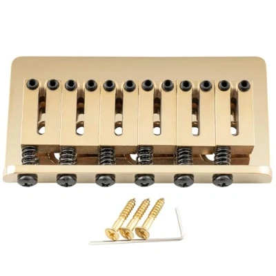 Image of Musiclily Ultra 52.5mm (2 1/16 inch) String Spacing Offset Saddle Hardtail Fixed Bridge Non Tremolo for Strat Tele Style Electric Guitar, Gold