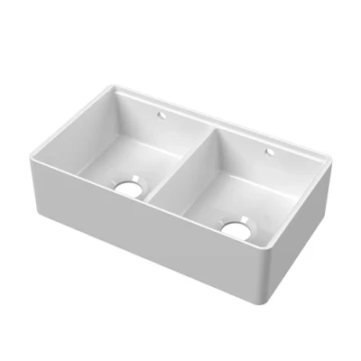 Image of Fireclay Double Bowl Kitchen Sink with Thin Edge, Flush Weir and Overflows 795mm Balterley