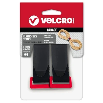 Image of VELCRO Brand Garage Organization Elastic Cinch Straps with Buckle, 8in Adjustable and Stretch for Snug Fit Fasten Power Cords, Store Holiday Light Strings, Organize Cables Black, 2ct