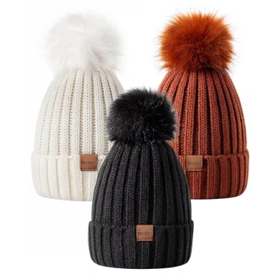 Image of MSDC Beanie Hats for Women 3 Pack with Pom Pom, Bobble Hat Fashion Knit Warm Skull Cap, Winter Cold Weather(Black+White+Dark Orange)