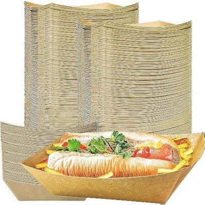 Image of AMD Nexus 1000 Large Kraft Paper Food Trays Brown Cardboard Serving Plates Recycled Takeaway Boxes Disposable Containers Holder Baskets for Chips Burger BBQ Birthday Party Camping