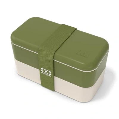 Image of monbento MB Original Olive Recycled Lunch Box with Compartments Airtight 2 Tier Bento Ideal for Work/Picnic BPA Free Made in France Khaki