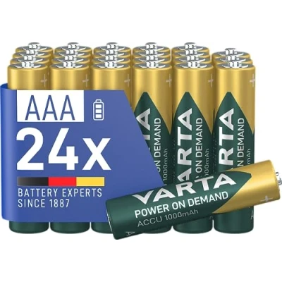 Image of VARTA Power on Demand Rechargeable Battery Ready2Use Pre Charged AAA Micro 1000 mAh Ni Mh Battery, without Memory Effect, Ready to Use, Pack of 24