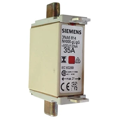 Image of Siemens 3NA6814 LV HRC Fuse Link, NH000, in: 35 A, gG, Un AC: 500 V, DC: 250 Combination Indicator, Insulated Grip lugs, White