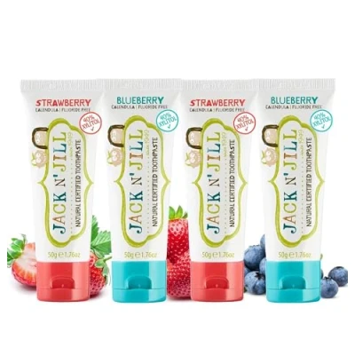 Image of Jack N&#039; Jill Natural Certified Toothpaste Baby &amp; Toddler Toothpaste, Fluoride Free, 40% Xylitol, No Sugar, Organic, Safe for 6 Months Up, Makes Brushing Fun, Strawberry 2 x 50g Blueberry