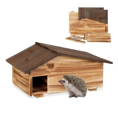 Image of Relaxdays Hedgehog House, Wooden Protective Box, 2 Rooms, Hibernation Den, Winter Shelter, 24 x 46 33.5 cm, Brown, Wood