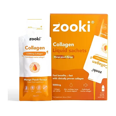 Image of Zooki Marine Collagen Liquid Sachets 5,000mg Great Taste, Sugar Free High Strength Supplements for Women &amp; Men Skin, Joints Hair (Mango Peach Flavour, 14 Servings)