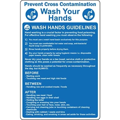 Image of Prevent cross contamination Kitchen/catering wash your hands Safety sign 1mm Plastic (400mm x 300mm)