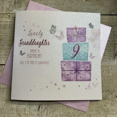 Image of white cotton cards Pink Present, Granddaughter 9 Happy Handmade 9th Birthday Card, White, WB86 9, 16cm x