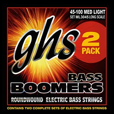 Image of GHS Strings ML3045 2, 4 String Bass Boomers, Nickel Plated Electric Strings, Medium Light, 2 Pack (.045 .100)