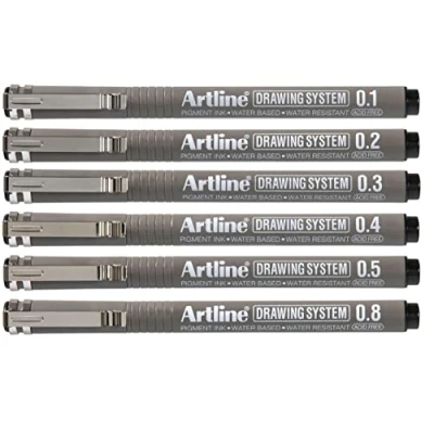Image of Artline 0.1mm/ 0.2mm/ 0.3mm/ 0.4mm/ 0.5mm/ 0.8mm Drawing System Black (Wallet of 6)