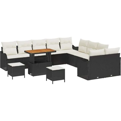 Image of vidaXL 13 Piece Garden Sofa Set with Cushions Black Poly Rattan Acacia