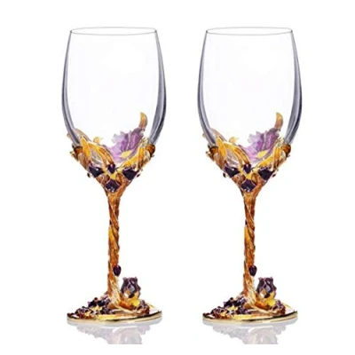 Image of YBK Tech Handmade Enamel Craft Crystal Red Wine Glasses Set of 2 in Gift Box, Iris Design (Gold and Red)