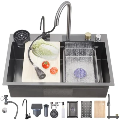 Image of Ribanedy 75x45 cm Dark Gray Waterfall Kitchen Sink, Drop in Stainless Steel Workstation Multifunctional Single Bowl Modern Sink with Pull Down Sprayhead Faucet &amp; Accessories