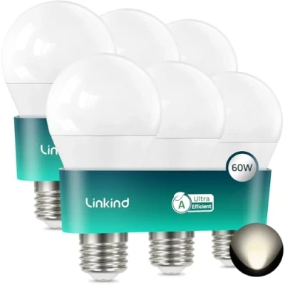 Image of Linkind LED E27 Bulbs,Ultra Efficient Class A Bulbs, 3.8W (60W Equivalent), Neutral White 4000K, 806 lumens, GLS Edison Screw in Bulb, Non Dimmable, Pack of 6